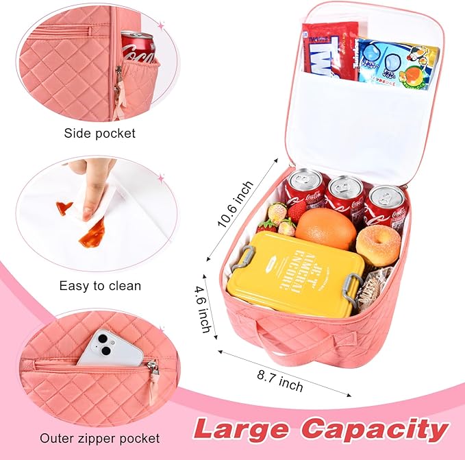 Aileam Quilted Lunch Box, Orange, Cute Girls Lunch Box, Insulated Womens Lunch Bag, Large Capacity, Reusable Insulated Cooler for Work, School, Picnic, Travel
