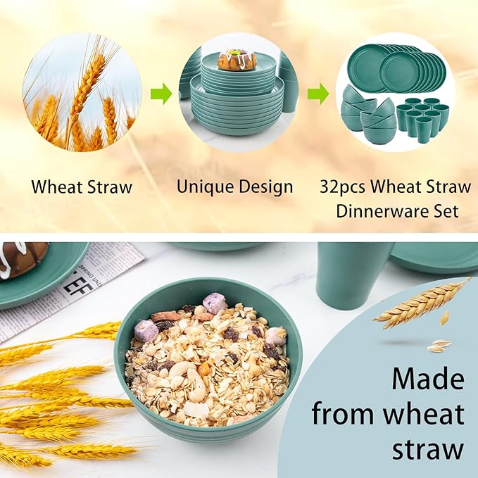 Supernal 32pcs Wheat Straw Dinnerware Sets,Dinnerware Sets for 8,Unbreakable Dinnerware,Reusable Tableware,Dark Green Set 16pcs Plates, 8pcs Bowls, 8pcs Cups,Microwave Dishwasher Safe