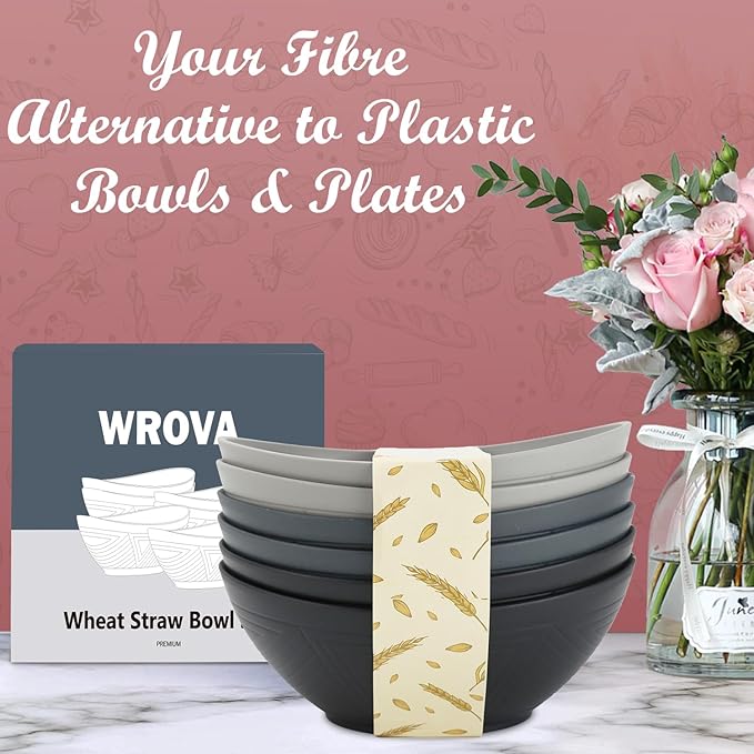 Wrova 65oz Big Wheat Straw Bowls - Large Salad Bowls set of 6 - Unbreakable Serving Bowls - Microwave & Dishwasher Safe - Oval Bowls for Cereal,Salad,Fruit - Classic Series