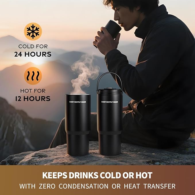 Water Bottle 24 oz-Stainless Steel Tumbler with Straw - Vacuum Insulated Water Bottle 24 oz for Home, Office or Car Reusable Cup With straw，Cold for 12 Hrs or Iced for 24 Hrs(Black)