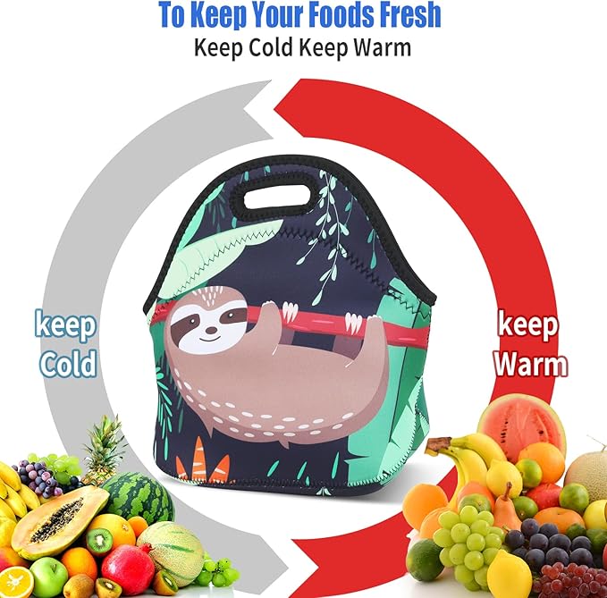 Violet Mist Womens Reusable Neoprene Lunch Bag Insulated Lunch Box Cute Sloth Animal Thermal lunch bags Bags Waterproof lunchbags Food Handbag Meal Prep Lunchbags Travel Work Gift for Women Men Adult