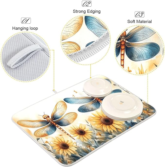 Watercolor Dragonflies Sunflowers Dish Drying Mat for Kitchen Counter Super Absorbent Dishes Pad Reversible Microfiber Protector Dish Draining Mats 16x18 inch