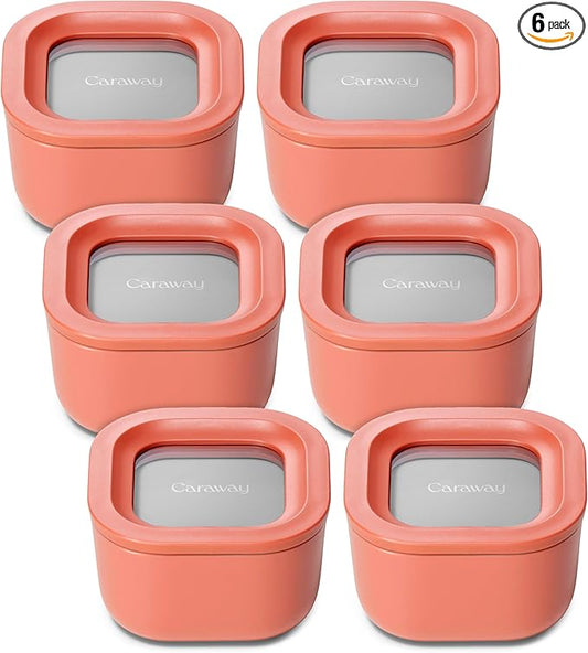 Caraway 6pc Food Storage Container Set - 1.75 Cup Glass Storage Container for Food (6) - Non-Toxic Ceramic-Coated Glass - Air Release Technology - Compact & Stackable Design - Perracotta