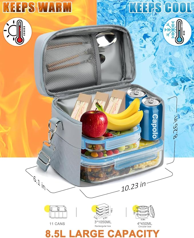 Capolo Lunch Box for Women Men Adults,Insulated Lunch Bag Leakproof Lunch Cooler Box with Removable Strap Cute Lunch Tote Bags Reusable Thermal Lunchbox for School Work Picnic(Small,Blue)