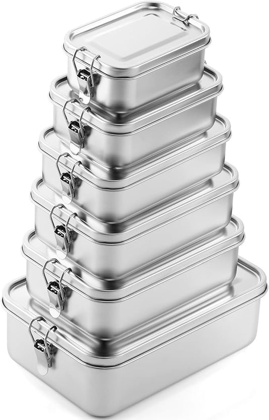 Umigy 6 Pcs Stainless Steel Food Containers 550/850/1000/1200/1400/24000 ml Metal Bento Lunch Box Stainless Steel Food Storage Containers, Lockable Clips to Leak Proof, Reusable Dishwasher Snack Box