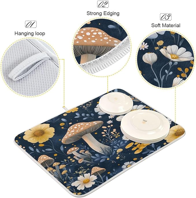 Wildflowers and Mushrooms Dish Drying Mat for Kitchen Counter Super Absorbent Dishes Pad Reversible Microfiber Protector Dish Draining Mats 18x24 inch