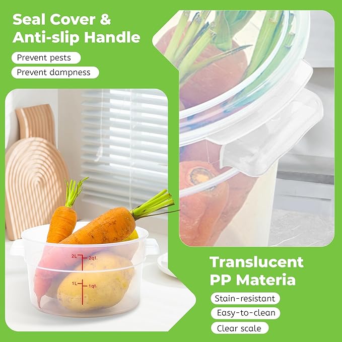 4 Pack Round Food Storage Containers with Lids, 2Qt Translucent, Polypropylene, BPA Free, Includes Labels & Measuring Cups