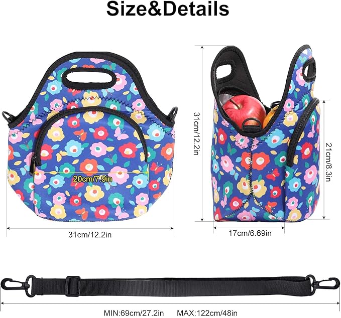 CILLA Neoprene Lunch Bag for Women Insulated Lunch Tote Bags Washable Lunch Container Box Picnic Lightweight Meal Prep Bags(Butterfly Wild flowers+)