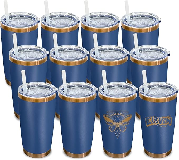 20 oz Tumbler Bulk 12 Pack Stainless Steel Tumblers with Lids and Straws, Double Wall Vacuum Insulated Travel Coffee Mug for Laser Engrave, Powder Coated Cups for Hot and Cold Drinks (Navy,12 pack)
