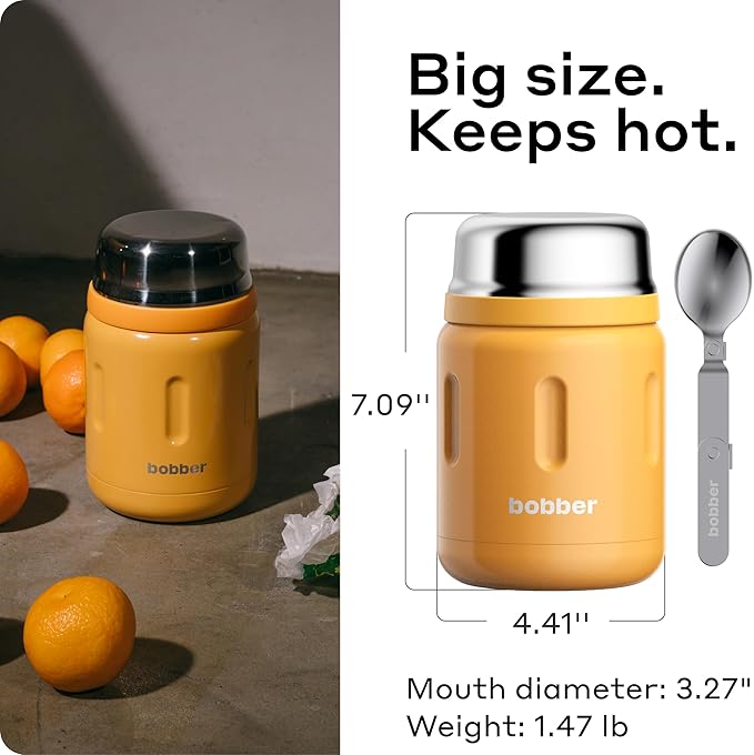 BOBBER 24 oz Insulated Stainless Steel Food Jar with Extra-Wide Mouth, Built-in Spoon & Bowl - Keeps Hot for 14 Hours and Cold for 20 Hours - Leakproof Lunch Thermos for Adults (Orange)