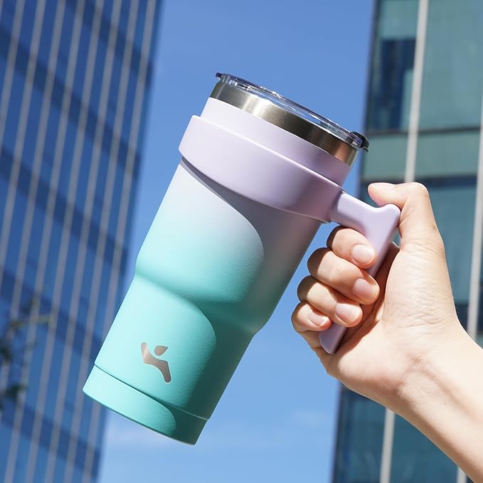 30 oz Tumbler with Handle and 2 Straw 2 Lid, Insulated Water Bottle Stainless Steel Vacuum Cup Reusable Travel Mug, Lavender Green