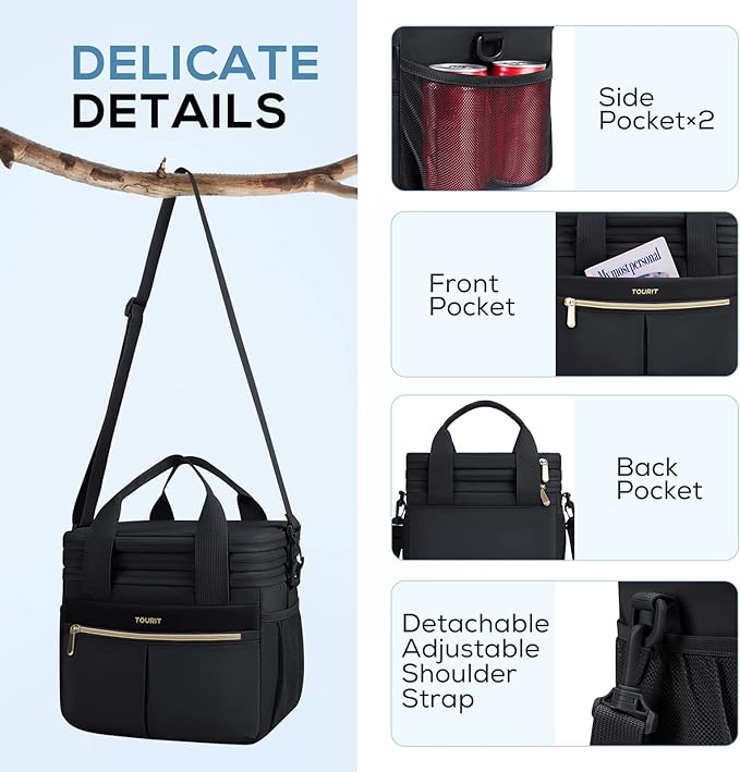 TOURIT Insulated Lunch Box Bag, Double Deck Leakproof Cooler Tote for Work Office Picnic, Expandable Lunch Container, Black