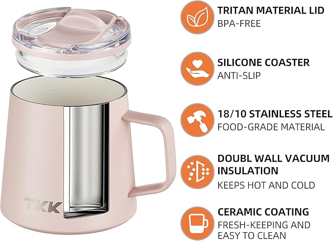 TKK 12 oz Insulated Coffee Mug with Handle Ceramic Coating Detachable Slider Lid Stainless Steel Tumbler Double Wall Vacuum Travel Cup