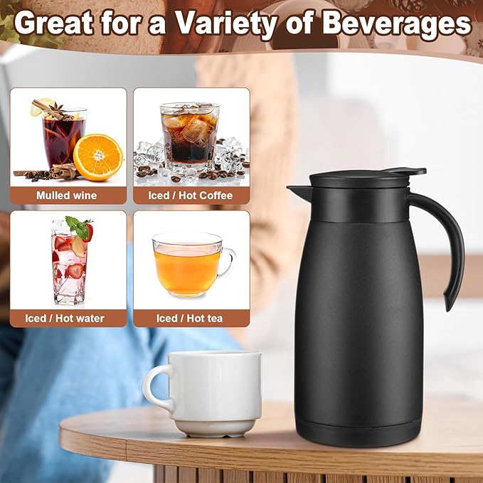 Uiifan 2 Pcs Thermal Coffee Carafe Insulated Stainless Steel Coffee Carafes for Keeping Hot and Cold Double Walled Vacuum Thermal Pot Flask with Brush for Water Milk Tea Home and Office(Black,34oz)