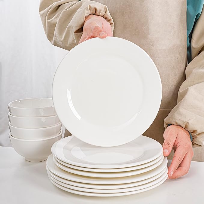 16 Piece White Dinnerware Sets for 4, Porcelain Plates and Bowls Sets, Dishwasher Oven and Microwave Safe - Elegant Kitchen Dish Sets, QOMO-1996