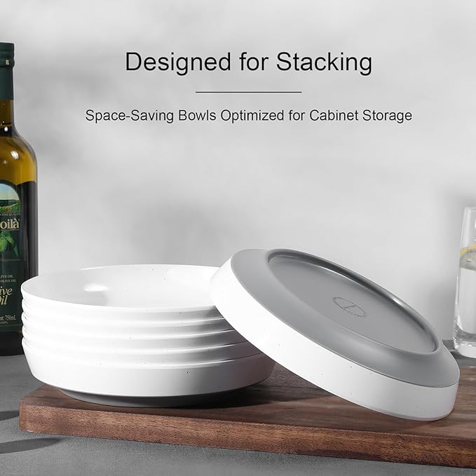 Webbylee 8.25" Melamine Pasta Bowls Set of 6-28oz Melamine Large Salad Bows，Durable Serving Bowls for Cereal, Fruit, Soup，Deep Enough for Kitchen and Dining White/Grey