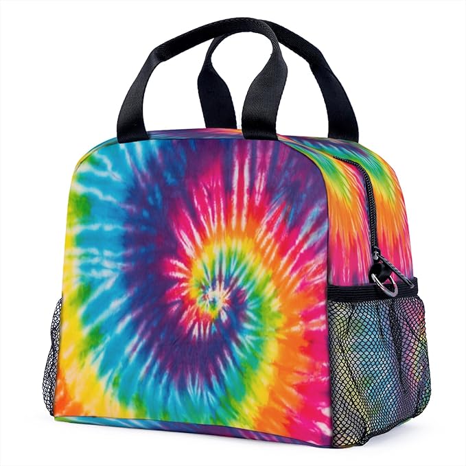 Tye Dye rainbow colors Lunch Bag for Women Men Cute Large Capacity Thermal Lunch Tote Reusable Washable with Adjustable Shoulder Strap and Dual Large Mesh Side Pockets
