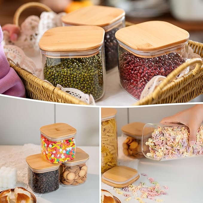 YUNCANG Glass Storage Jars 27oz [Set of 6],Clear Glass Food Storage Containers with Airtight Bamboo Lid Stackable Kitchen Canisters for Candy,Cookie,Rice,Sugar,Flour,Pasta(Square)