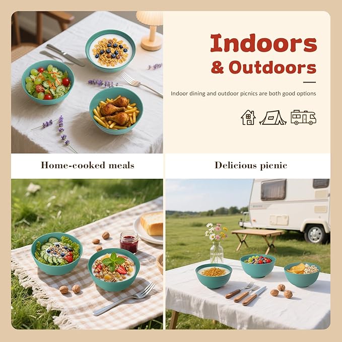 Wrova 6-piece Wheat Straw Bowls sets 26oz,Alternative Plastic Bowls Reusable for indoors and outdoors,Microwave-able and Dishwasher Safe Bowls Sets Easy to Clean.Green Series