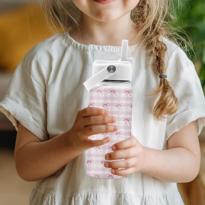 Pink Bow Gifts, 16 oz Water Bottle with Straw Lid, Stainless Steel Insulated Pink Bow Tumbler, Cute Water Bottles for Birthday Christmas