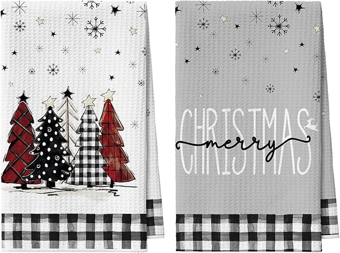 Artoid Mode Black Buffalo Plaid Xmas Tree Christmas Bar Kitchen Towels, 12x24 Inch Quick Dry Microfiber Cloth Dish Towels for Kitchen Drying Set of 2