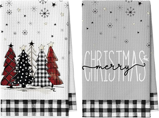 Artoid Mode Black Buffalo Plaid Xmas Tree Christmas Bar Kitchen Towels, 12x24 Inch Quick Dry Microfiber Cloth Dish Towels for Kitchen Drying Set of 2