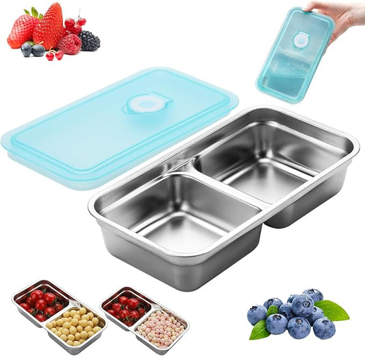 1PCS Stainless Steel Double-Layer Snack Container with Lid Leak-proof design, dishwasher safe Ideal for snacks, dips, takeout, travel, and outdoor camping (2 Compartment)