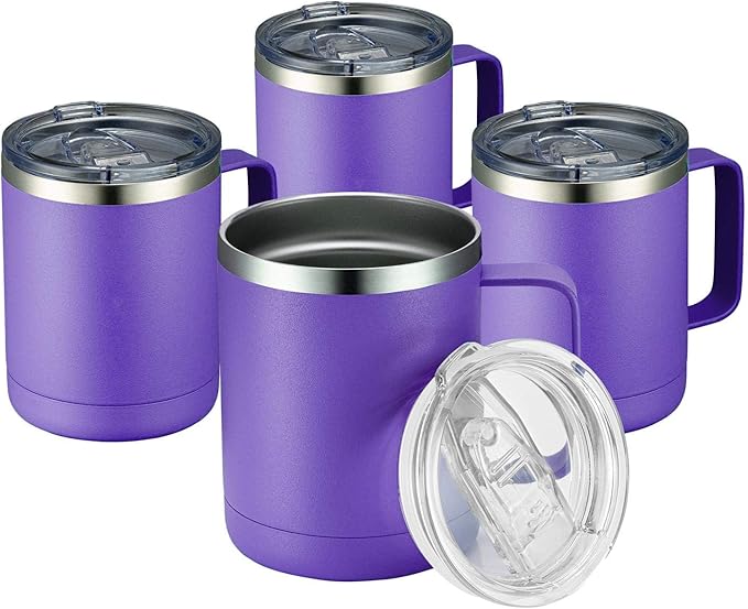 MEWAY 12oz Coffee Mug With Handle 4 Pack Bulk,Stainless Steel Insulated Travel Tumblers With Sliding Lid,Double Wall Vacuum Camping Cup for Hot & Cold Drinks Tea (Purple,Set of 4)