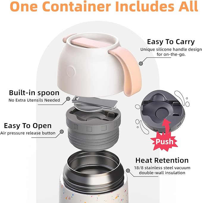 Thermo for Hot Food for Adults Kids | Wide Mouth, 26 oz Insulated Food Jar with Spoon, Leakproof Soup Thermo for School Office Travel, Thermal Steel Lunch Container Easy to Carry (White)