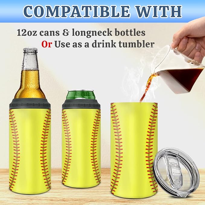 winorax Softball Tumbler 4-in-1 Can Cooler Softball Stainless Steel Insulated Tumblers Coffee Travel Mug Cup With Lid Gift Tumblers For Men Women Sports Gifts For Players Fan Coach Lovers