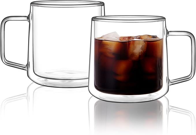 CNGLASS 15oz Double Walled Glass Coffee Mugs,Large Insulated Glass Mugs with Handle,Clear Coffee Cups for Espresso,Latte,Cappuccino,Tea,Set of 2