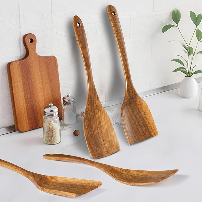 Wooden Spatulas, 2 PCs Natural Acacia Wooden Cooking Utensils Set for Non-stick Pan Kitchen Tool, flipping and Wok Spatula, Wooden Spoons & Spurtle for Cooking