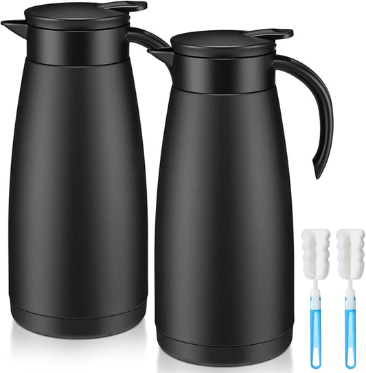 Uiifan 2 Pcs Thermal Coffee Carafe Insulated Stainless Steel Coffee Carafes for Keeping Hot and Cold Double Walled Vacuum Thermal Pot Flask with Brush for Water Milk Tea Home and Office(Black,51oz)