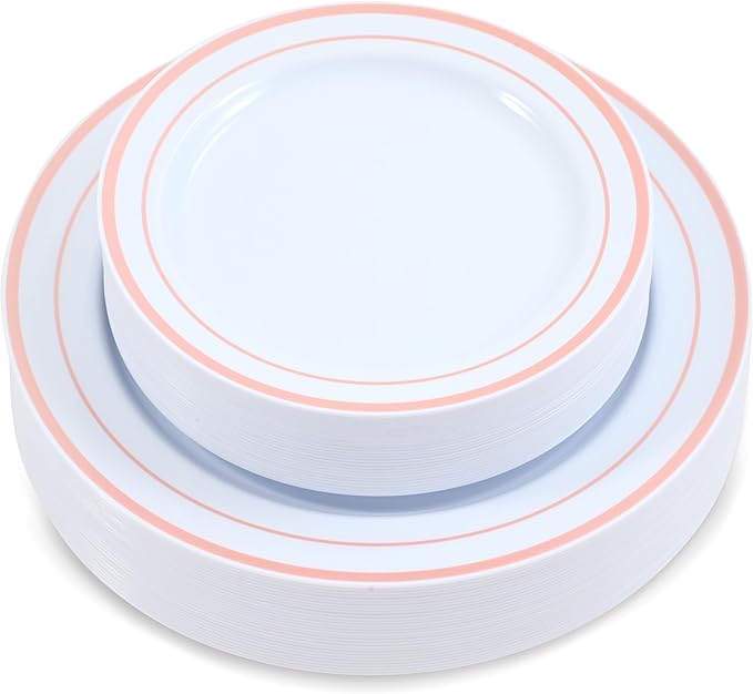 60 Pieces White Plastic Disposable Plates - Premium Heavy-Duty 30 Dinner Plates & 30 Salad Plates with Pink Rim Ideal for Party, Birthday and Special Events