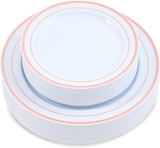 60 Pieces White Plastic Disposable Plates - Premium Heavy-Duty 30 Dinner Plates & 30 Salad Plates with Pink Rim Ideal for Party, Birthday and Special Events