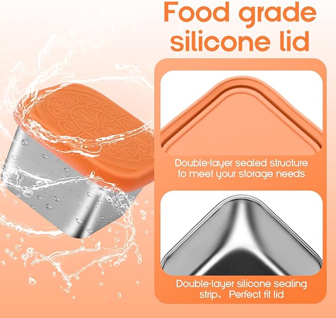 6 Pack 6oz Stainless Steel Snack Containers，304 food grade material,Easy-open, stackable, leak-proof snack containers with silicone lids are perfect for festival, school, and travel.