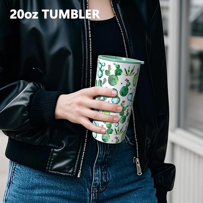 TILUCK 20 oz Tumbler with Leak-Proof Lid, Vacuum Insulated Stainless Steel Coffee Mug, Double-Walled Travel Tumbler for Hot and Cold Drinks(Cactus, 20oz)