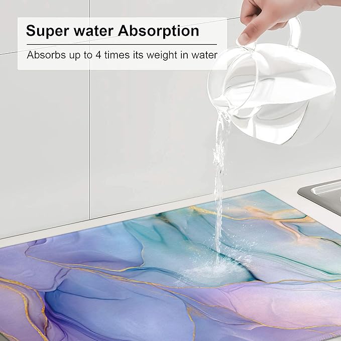 Bule Marble Dish Drying Mat for Kitchen Counter Microfiber Super Absorbent Non-Slip Dish Drying Pad for Countertops Dishes Utensils Stylish Quick-Dry Machine Washable 18x24 Inch