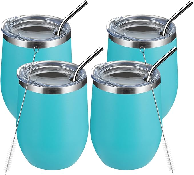 MEWAY 12oz/4 Pack Wine Tumbler Glasses with Lid - Stemless Double Wall Vacuum Stainless Steel Travel Tumbler - Keeping Cold & Hot for Wine,Coffee,Cocktails(Turquoise,Set of 4)