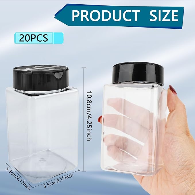 20 Pack 9 oz Plastic Spice Jars with Black Cap Clear Empty Square Plastic Spice Bottle Large Empty Seasoning Containers for Storing Spice Seasoning Powders