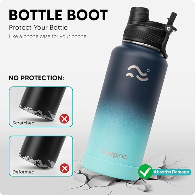 [2-IN-1 LID] Insulated Water Bottle with Silicone Boot (36hrs Cold/18hrs Hot) - DIY Stickers, Leakproof, BPA Free, 32 oz