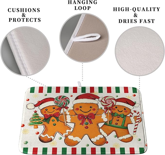 Christmas Dish Drying Mat Gingerbread Man Candy Cane Xmas Tree Drying Mats for Kitchen Counter Winter Holiday Dish Drainer Pad Absorbent Microfiber Dish Draining Mat 18x24 Inch