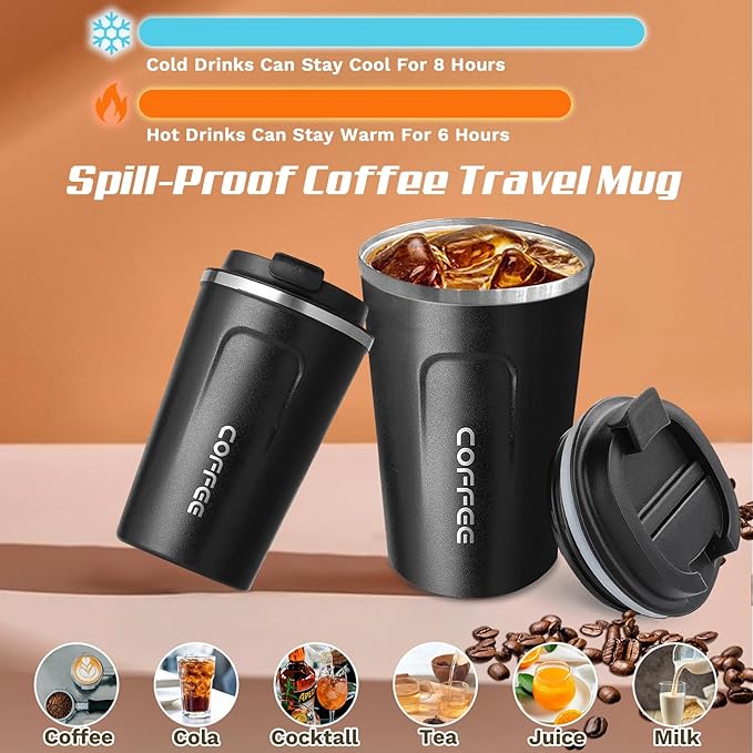 Travel coffee mugs leak-proof, reusable coffee cups with lids, stainless steel vacuum thermos coffee tumblers,thermal insulation cups for men and women keep hot & cold drinks(2nd-Black, 12OZ)