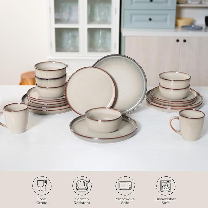 Romswi Dinnerware Set for 4, 16Pcs Stoneware Plates and Bowls Sets with Mugs, Chip & Scratch Resistant Dish Set, Handmade Reactive Glaze Plate Sets, Oven & Microwave and Dishwasher Safe,Wheat Green