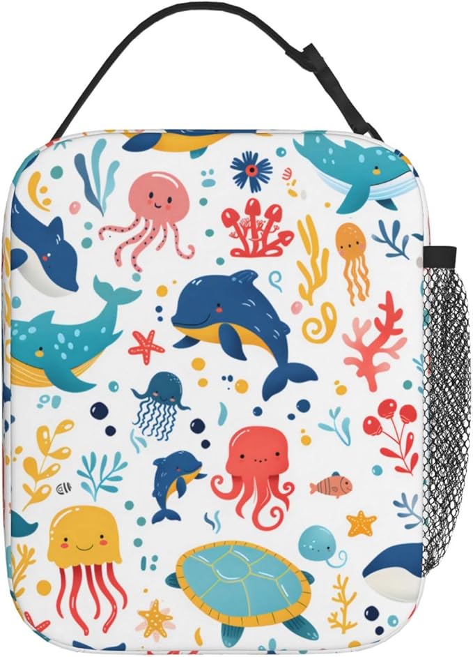 Sea Animal Lunch Box for Kids,Whale Octopus Turtle Insulated Bag for Student,Colorful Marine Life Reusable Thermal Insulation Cooler Tote Bags for School Work Picnic Camping Outdoor Gifts