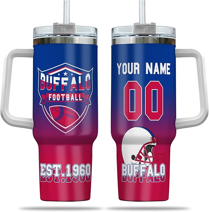 Personalized 40oz Football Stainless Steel Tumbler with Handle & Straw, Custom Insulated Travel Mug, Add Name & Number Cup, Tailgating Gift for Fans (Buffalo Colors)