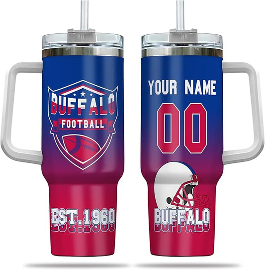Personalized 40oz Football Stainless Steel Tumbler with Handle & Straw, Custom Insulated Travel Mug, Add Name & Number Cup, Tailgating Gift for Fans (Buffalo Colors)