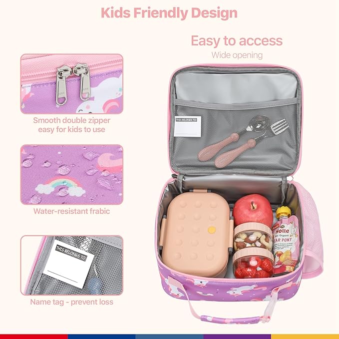 Bagseri Kids Lunch Bag for Girls - Insulated Kids Lunch Box for Daycare and School Reusable Meal Tote Bag with Water Bottle Holder, Easy-Clean Water-Resistant Fabric, Purple Cute Unicorn