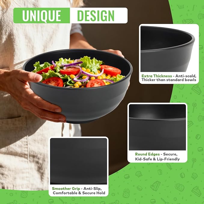 Wheat Straw Bowls Set of 6, Unbreakable Lightweight 60 OZ Salad Bowls for Kitchen and Camping, Big Plastic Bowl for Serving, Cereal, Ramen, Soup, Microwave & Dishwasher Safe, Black