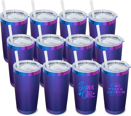 20 oz Tumbler Bulk 12 Pack Stainless Steel Tumblers with Lids and Straws, Double Wall Vacuum Insulated Travel Coffee Mug for Laser Engrave, Powder Coated Cups for Hot and Cold Drinks (Blue,12 pack)